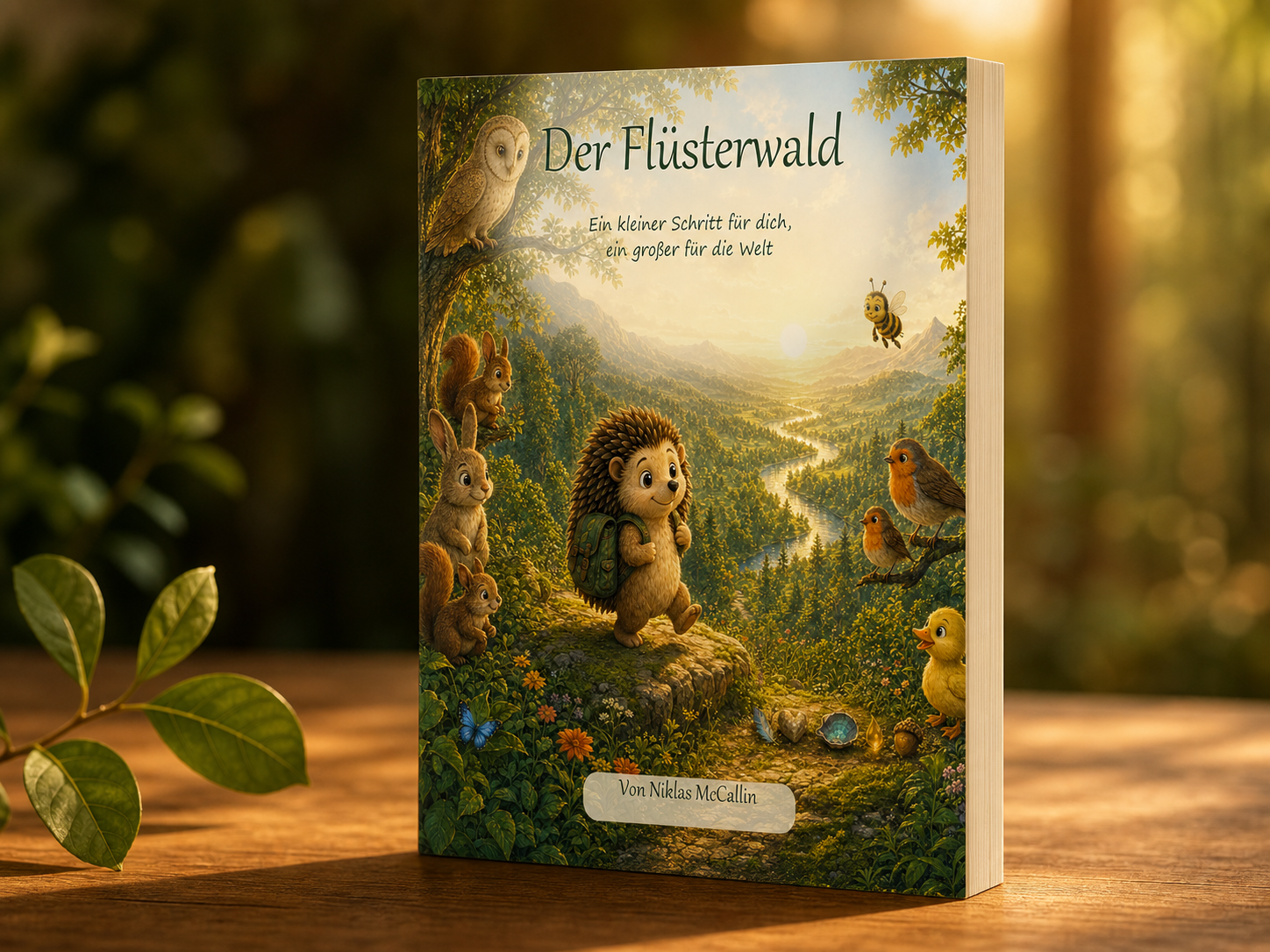 Das Taschenbuch Der Flüsterwald steht auf einem Holztisch im warmen Licht.