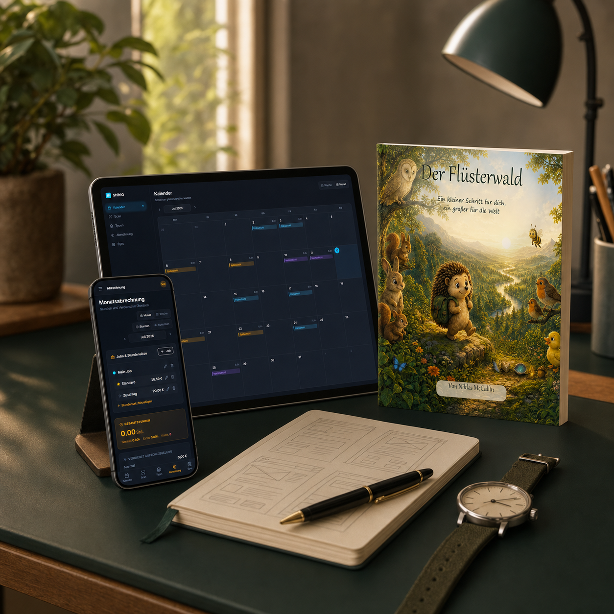 Kreativer Arbeitsplatz mit ShiftIQ auf Handy und Tablet, dem Buch Der Flüsterwald sowie einem Skizzenbuch.